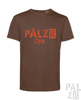 Braunes männer t-shirt aus baumwolle mit auffälligem orangefarbenem pälzr logo und kleiner opa schrift darunter