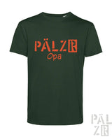 Dunkelgrünes baumwoll männer t-shirt mit kräftigem orangen pälzr opa grafikdruck in verschiedenen farben