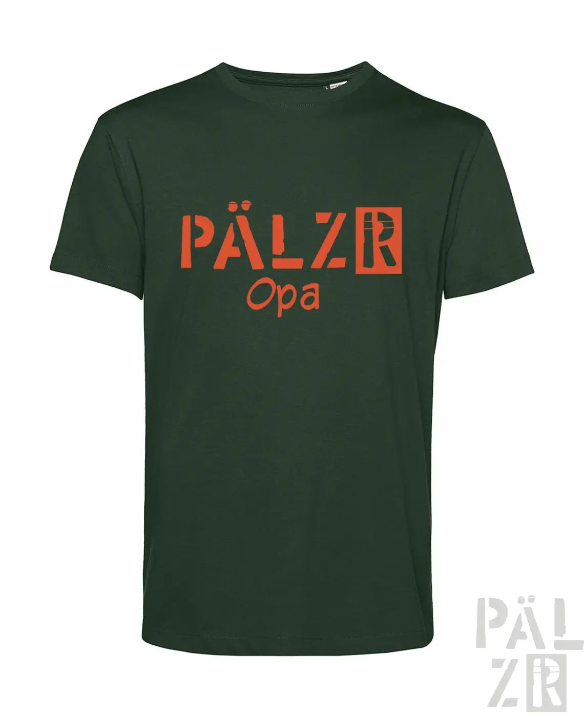 Grünes T-Shirt mit ’pälzr opa’ Text in orange-weißem Design, aus Baumwolle.