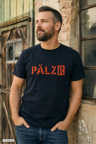 Schwarzes baumwoll-t-shirt männer mit fetten orangen pälzr schriftzug auf der brust von pälzr originals