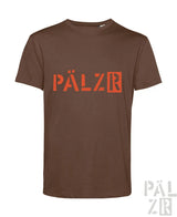 Braunes männer t shirt aus pälzr originals mit kräftigem orangefarbenem schriftzug auf der brust