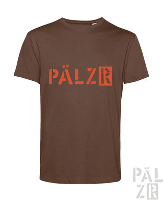 Braunes männer t shirt aus pälzr originals mit kräftigem orangefarbenem schriftzug auf der brust