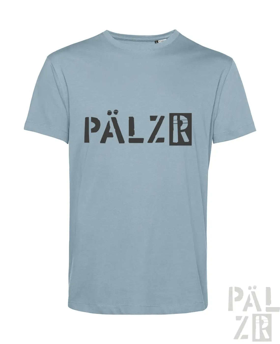 Hellblaues kurzarm t-shirt männer mit schwarzem pälzr logo auf der brust pälzr originals in verschiedenen farben