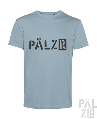 Hellblaues kurzarm t-shirt männer mit schwarzem pälzr logo auf der brust pälzr originals in verschiedenen farben