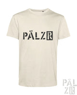 Beige kurzarm t-shirt männer mit schwarzer pälzr schrift auf der brust von pälzr originals in verschiedenen farben