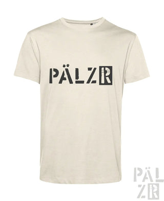 Beige kurzarm t-shirt männer mit schwarzer pälzr schrift auf der brust von pälzr originals in verschiedenen farben
