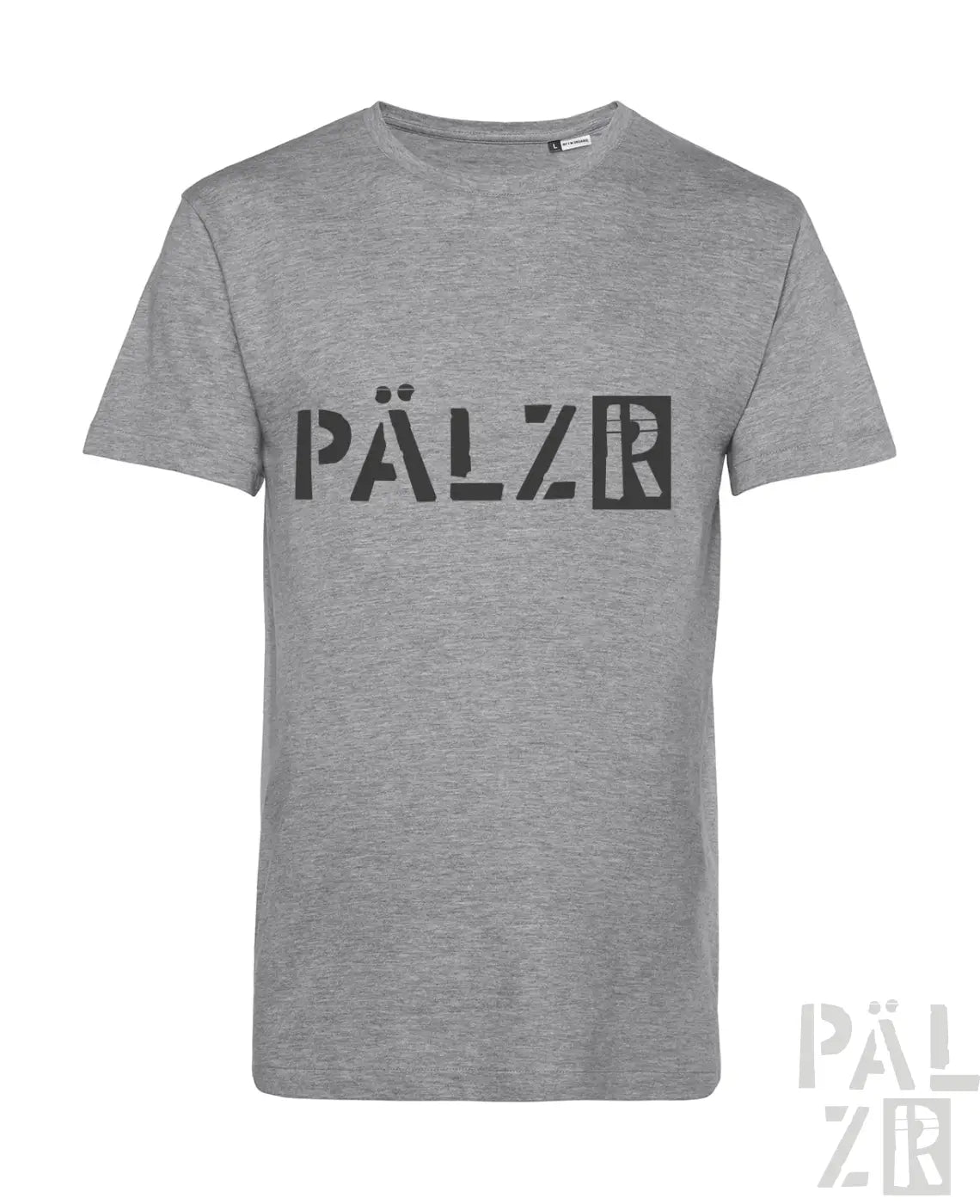 Graues meliertes baumwoll t-shirt männer mit schwarzem pälzr logo auf der brust von pälzr originals in verschiedenen farben