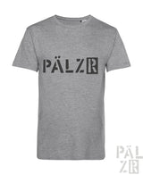 Graues meliertes baumwoll t-shirt männer mit schwarzem pälzr logo auf der brust von pälzr originals in verschiedenen farben