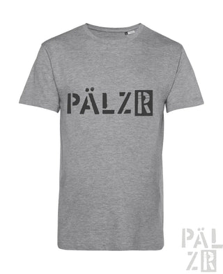 Graues meliertes baumwoll t-shirt männer mit schwarzem pälzr logo auf der brust von pälzr originals in verschiedenen farben