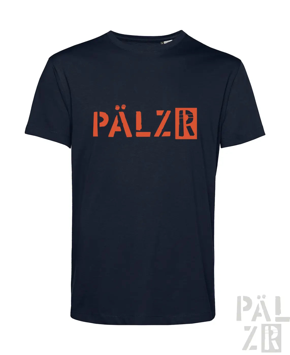 Navyblaues männer t-shirt mit kurzen ärmeln und auffälligem orangefarbenem pälzr schriftzug auf der brust