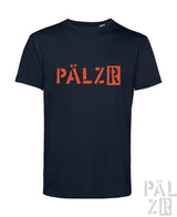 Navyblaues männer t-shirt mit kurzen ärmeln und auffälligem orangefarbenem pälzr schriftzug auf der brust