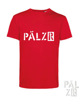 Rotes männer t-shirt mit kurzärmeln und weißem pälzr schriftzug aus der pälzr originals kollektion
