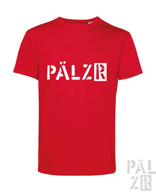 Rotes männer t-shirt mit kurzärmeln und weißem pälzr schriftzug aus der pälzr originals kollektion