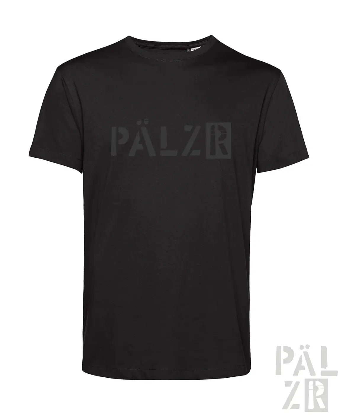 Schwarzes männer kurzarm t-shirt mit dezentem dunkelgrauem pälzr logo auf der brust, pälzr originals