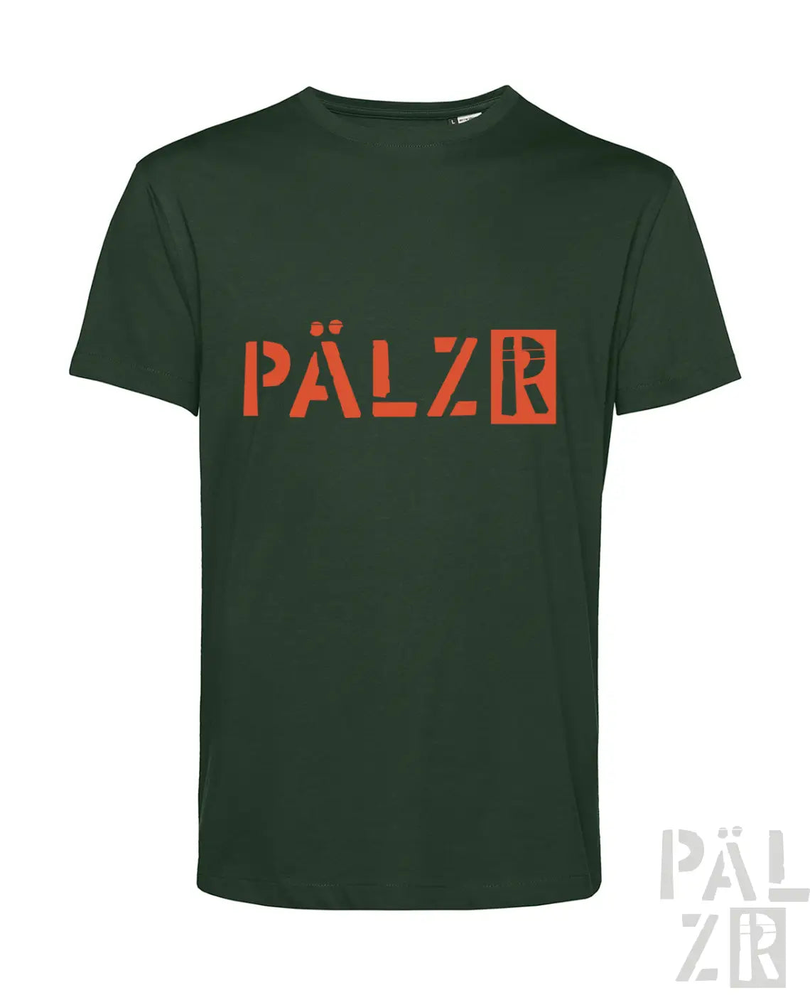 Dunkelgrünes männer t shirt aus baumwolle mit kurzen ärmeln und orangefarbenem pälzr schriftzug vorne