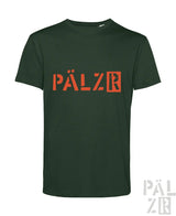 Dunkelgrünes männer t shirt aus baumwolle mit kurzen ärmeln und orangefarbenem pälzr schriftzug vorne