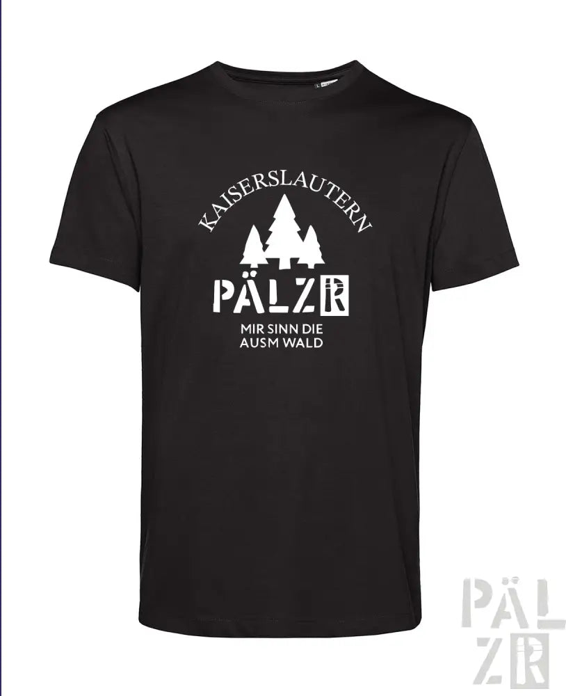 Schwarzes T-Shirt mit weißem Text und Design, das ‚kaiserslautern pälzer‘ und eine Waldsilhouette zeigt, aus Baumwolle.