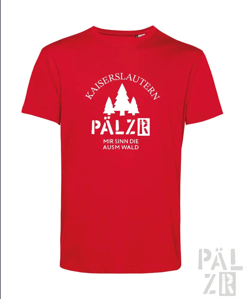 Rotes T-Shirt mit weißem Text und Design mit ’kaiserslautern pälzer’ und Bäumen, aus Baumwolle.