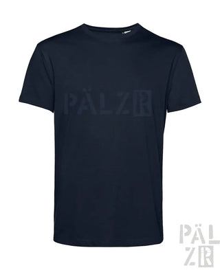 Marineblaues T-Shirt mit ’palzir’-Logo-Design, kurzen Ärmeln und Rundhals.