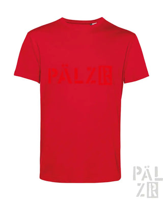 Rotes T-Shirt mit ’pälzir’-Logo in Weiß und Schwarz, aus Baumwolle.