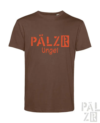 Braunes T-Shirt mit Logo „pälzr ungel“ in orange-schwarzem Design.