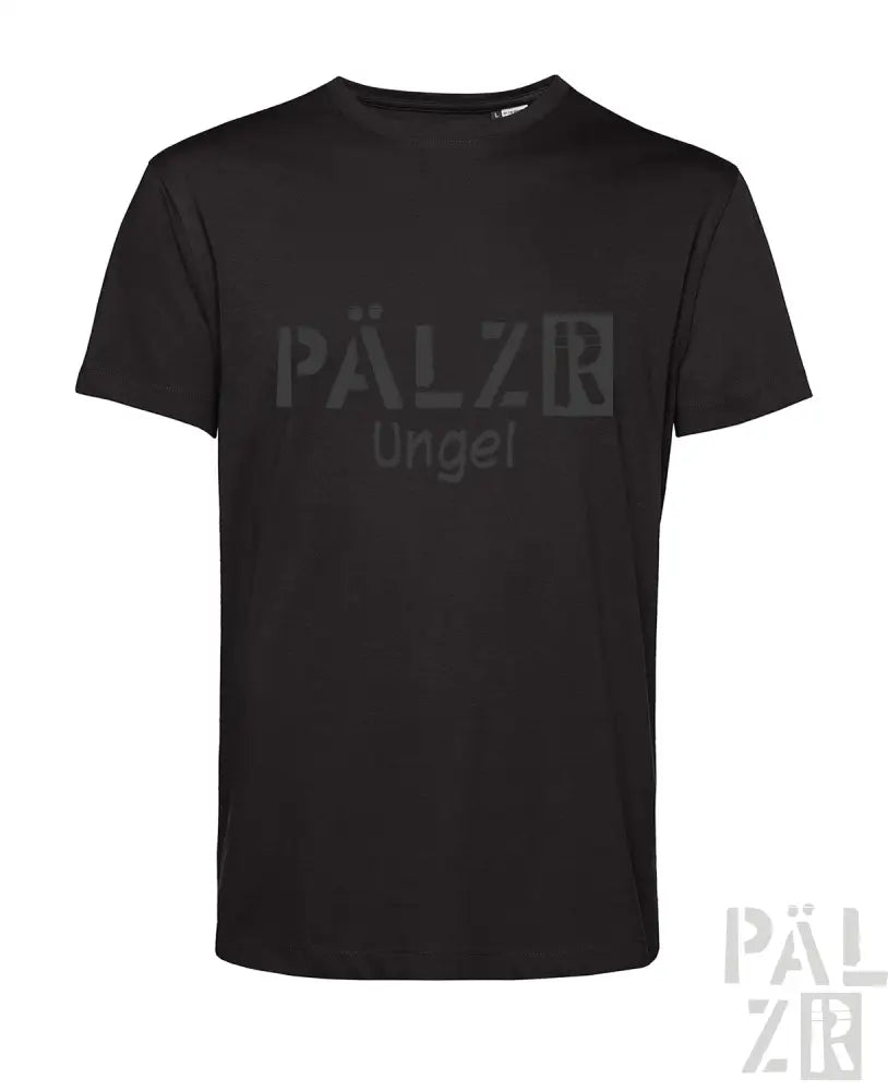 Schwarzes T-Shirt mit ’pälzr’ und ’ungel’ Textdesign, aus Baumwolle.