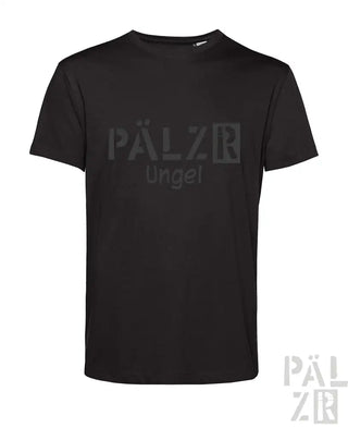 Schwarzes T-Shirt mit ’pälzr’ und ’ungel’ Textdesign, aus Baumwolle.