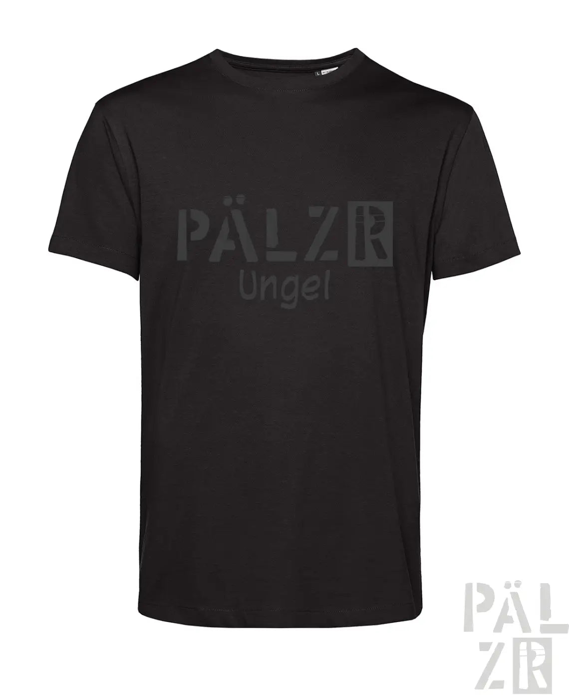 Schwarzes T-Shirt mit ’pälzr’ und ’ungel’ Textdesign, aus Baumwolle gefertigt.