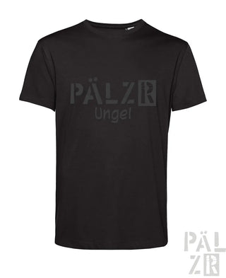 Schwarzes T-Shirt mit ’pälzr’ und ’ungel’ Textdesign, aus Baumwolle gefertigt.