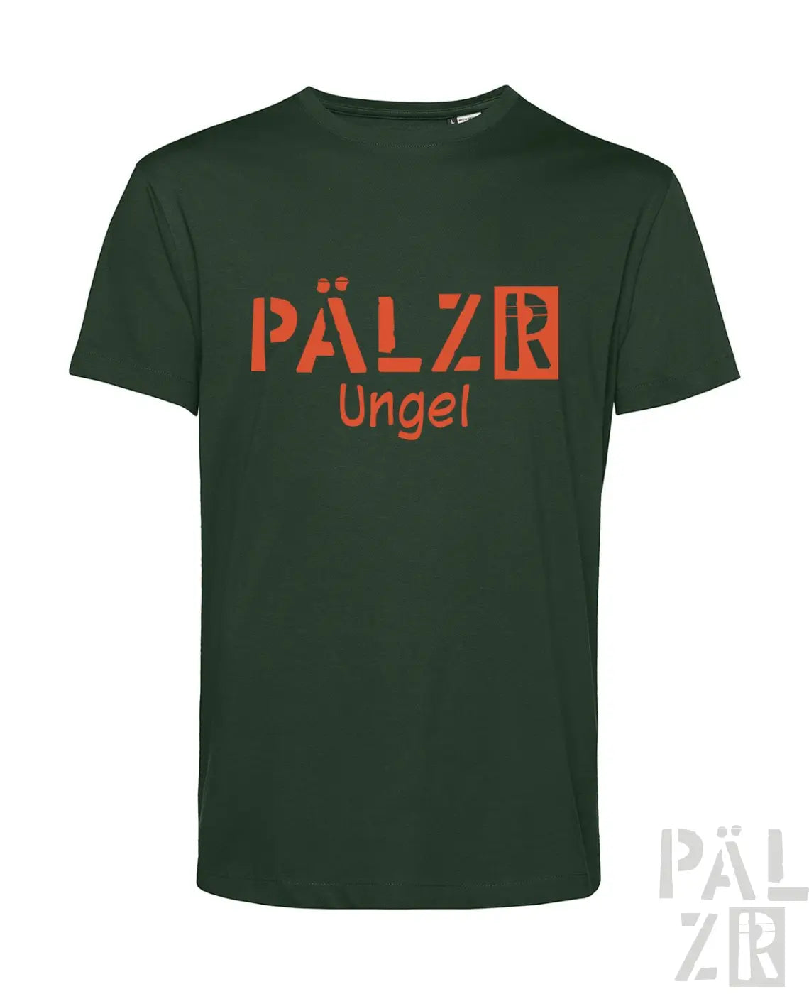 Dunkelgrünes männer t-shirt aus baumwolle mit fettem orangem pälzr ungel print in verschiedenen farben