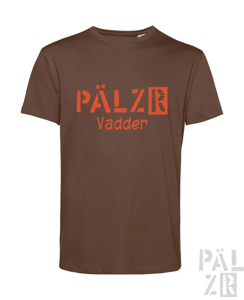 Braun T-Shirt mit Text ’pälzr vadder’ in Orange und rotem Design, mit einem Grafikmotiv einer Person.