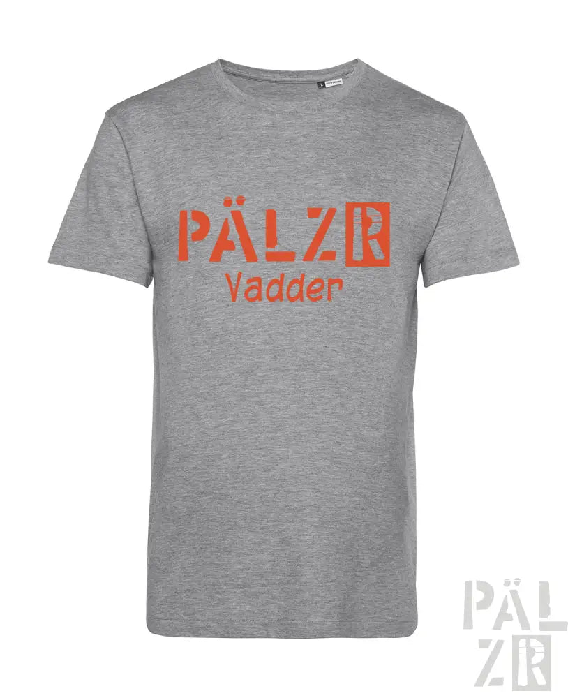 Graue gemusterte T-Shirt mit orangem ’pälzr’-Logo und Text.