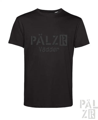 Schwarzes T-Shirt mit ’pälzer vadder’-Logo in Weiß auf der Vorderseite, aus Baumwolle gefertigt.