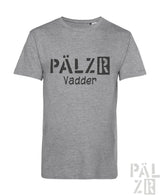 Graues meliertes baumwoll t-shirt männer mit fettem schwarzem pälzr vadder print auf der brust