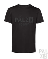 Schwarzes kurzarm t-shirt männer mit ausgebleichtem grauem pälzr vadder logo auf der brust