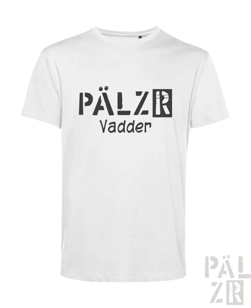Weißes T-Shirt mit ’pälzr vadder’-Design in schwarzem Text und Logo.