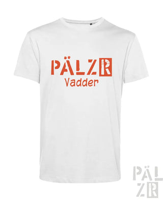 Weißes T-Shirt mit ’pälzr vadder’-Text und Grafikdesign, das ein rotes Logo aufweist.