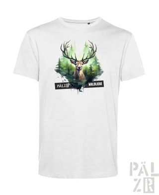 Weißes T-Shirt mit Hirsch-Design und Text „palzir“ in Grün.