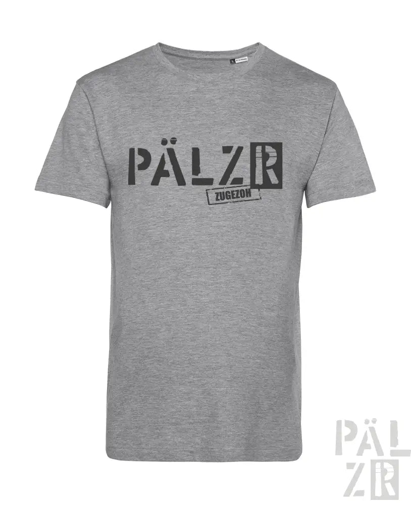 Graues T-Shirt mit schwarzem ’pälzr’-Logo und Textdesign, aus Baumwolle gefertigt.