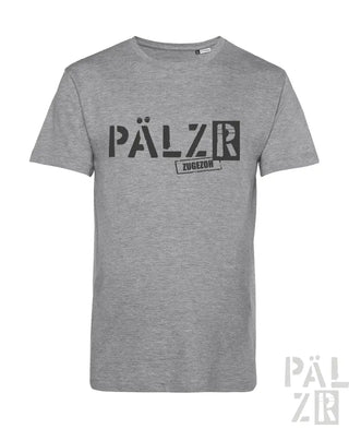 Graues T-Shirt mit schwarzem ’pälzr’-Logo und Textdesign, aus Baumwolle gefertigt.