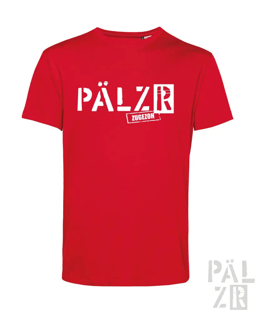 Rotes T-Shirt mit Textdesign ’pälzer zugezog’, Baumwollmaterial.