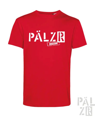 Rotes T-Shirt mit Textdesign ’pälzer zugezog’, Baumwollmaterial.