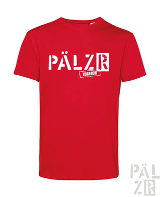 Rotes T-Shirt mit Textdesign ’pälzer zugezog’, Baumwollmaterial.