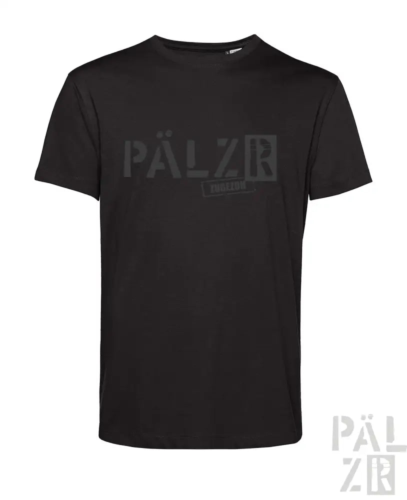 Schwarzes T-Shirt mit ’pälzr’-Logo-Design, aus Baumwolle gefertigt.