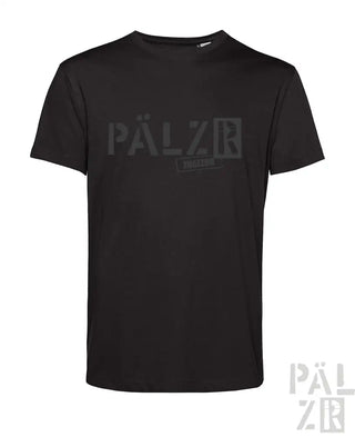 Schwarzes T-Shirt mit ’pälzr’-Logo-Design, aus Baumwolle gefertigt.