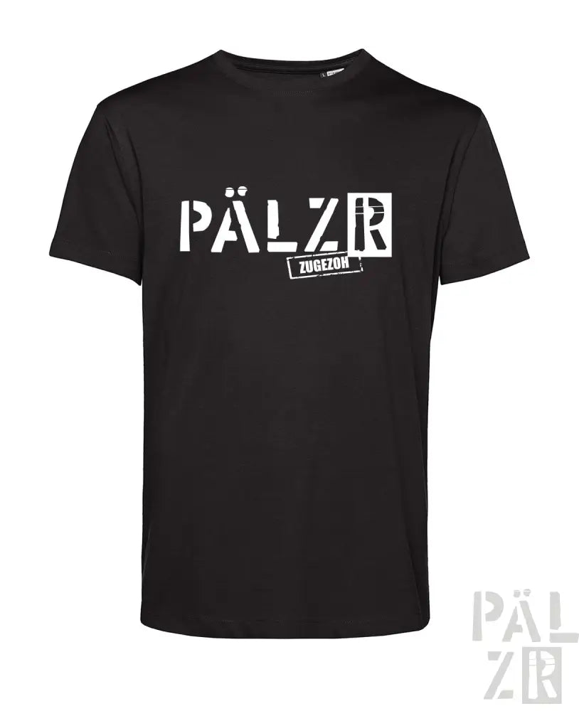 Schwarzes T-Shirt mit weißem ’pälzr’-Logo und Text
