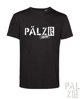Schwarzes T-Shirt mit weißem ’pälzr’-Logo und Text