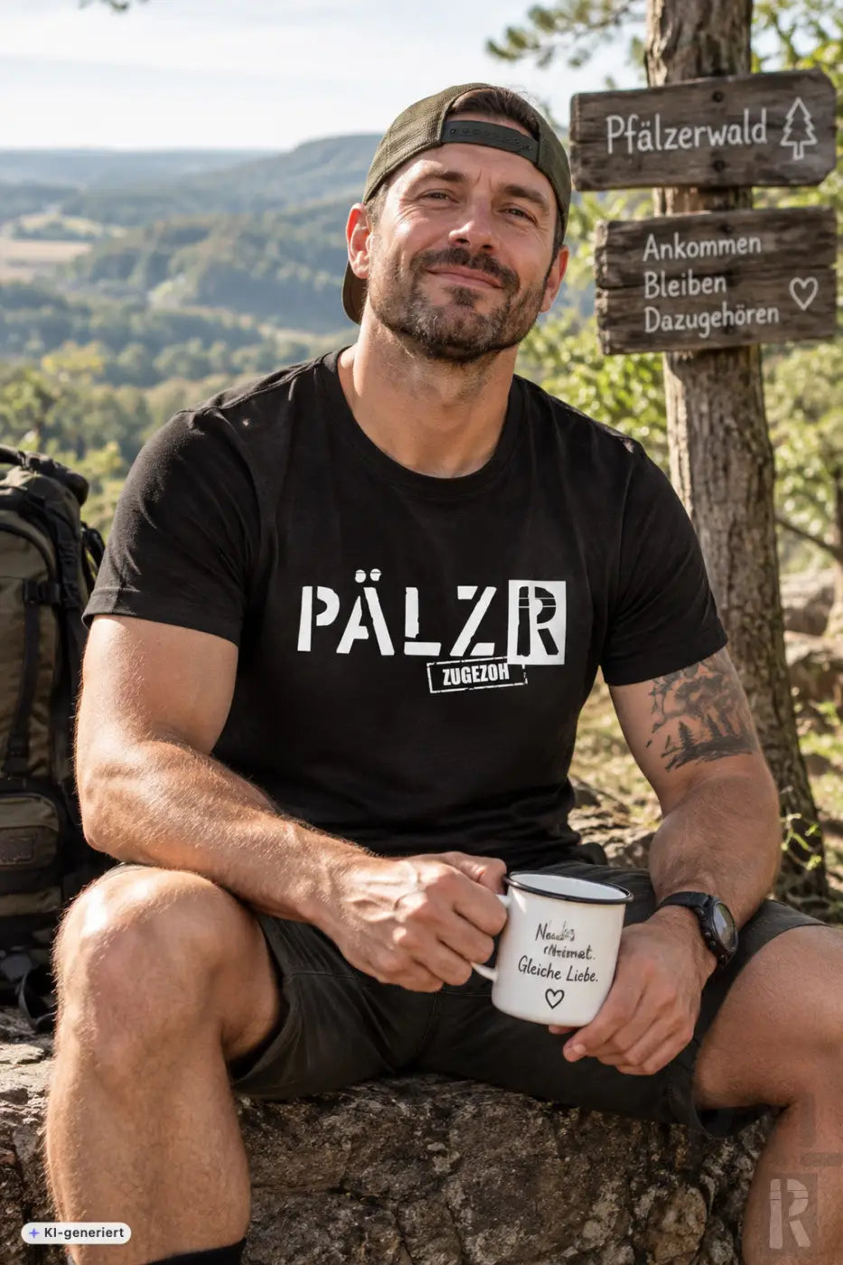 Weiße emaille tasse mit schwarzem rand und handschriftlichem text mein’s heimtotal männer tshirt pälzr zugezoh diverse farben