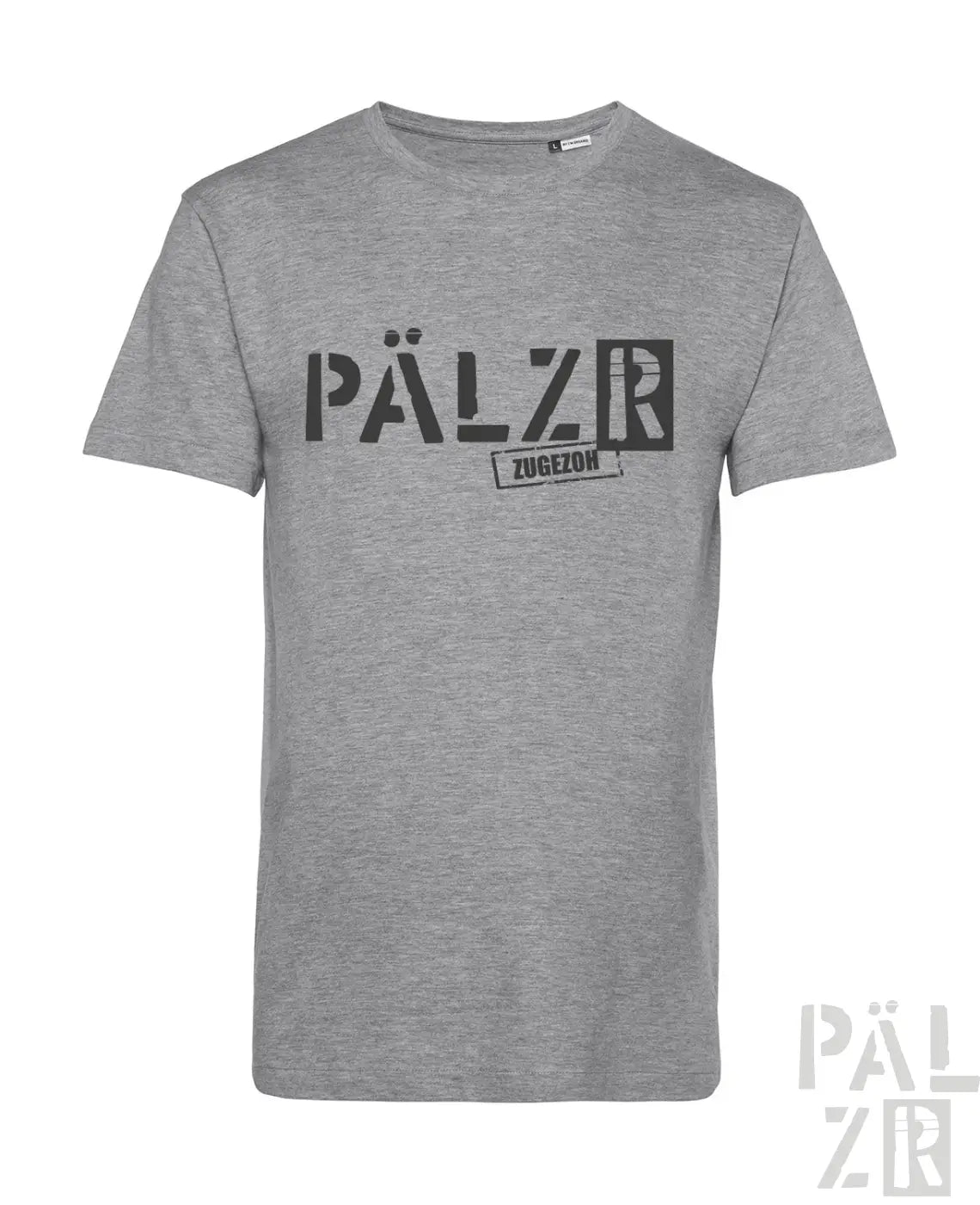 Graues meliertes baumwoll t shirt mit schwarzem pälzr logo und kleinem zugezon schriftzug für männer