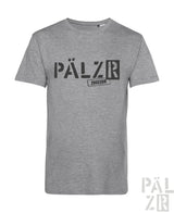 Graues meliertes baumwoll t shirt mit schwarzem pälzr logo und kleinem zugezon schriftzug für männer